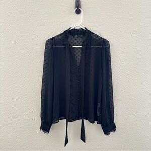 Zara Black Long Sleeve Sheer Swiss Dot Crochet Lace trim neck tie Blouse Top S